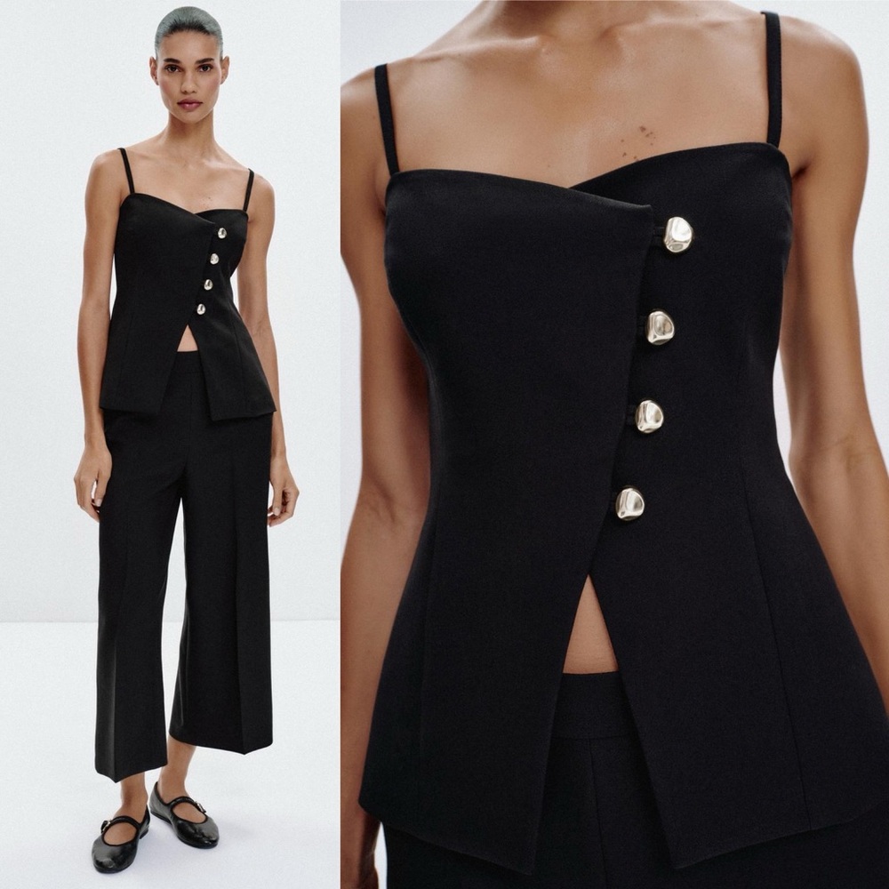 Zara Black Top With Silver Buttons Sweetheart Neck Tank Top NWT Size XS
